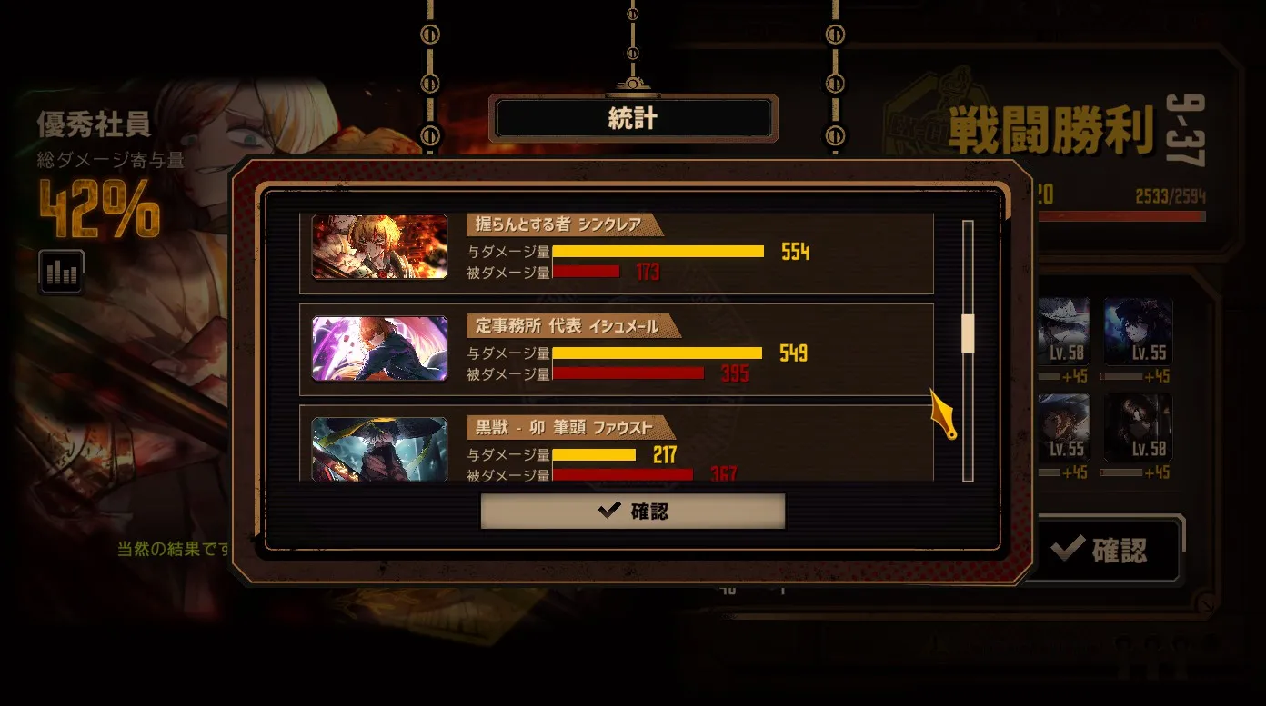 ダメージ統計(1位:握らんとする者、2位:定イシュメール、3位:卯ファウスト)